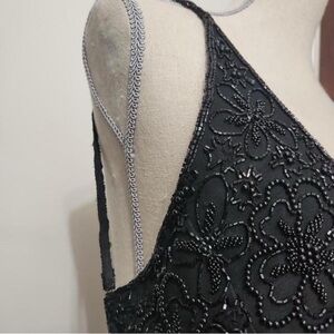 Black, open back, beaded dress